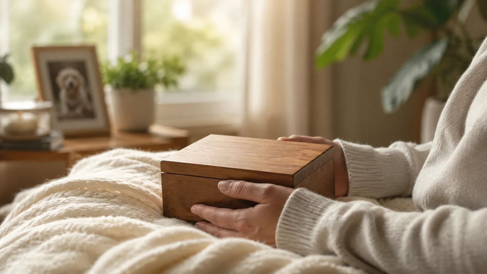 A calm hand resting on a small wooden pet urn beside a framed photo and a lit candle.