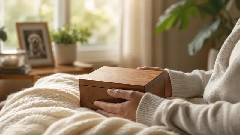 A calm hand resting on a small wooden pet urn beside a framed photo and a lit candle.
