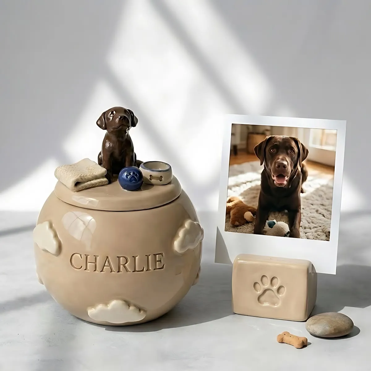 A personalized ceramic pet urn engraved with the dog's name beside a polaroid photo and small paw-print keepsake on a sunlit shelf.