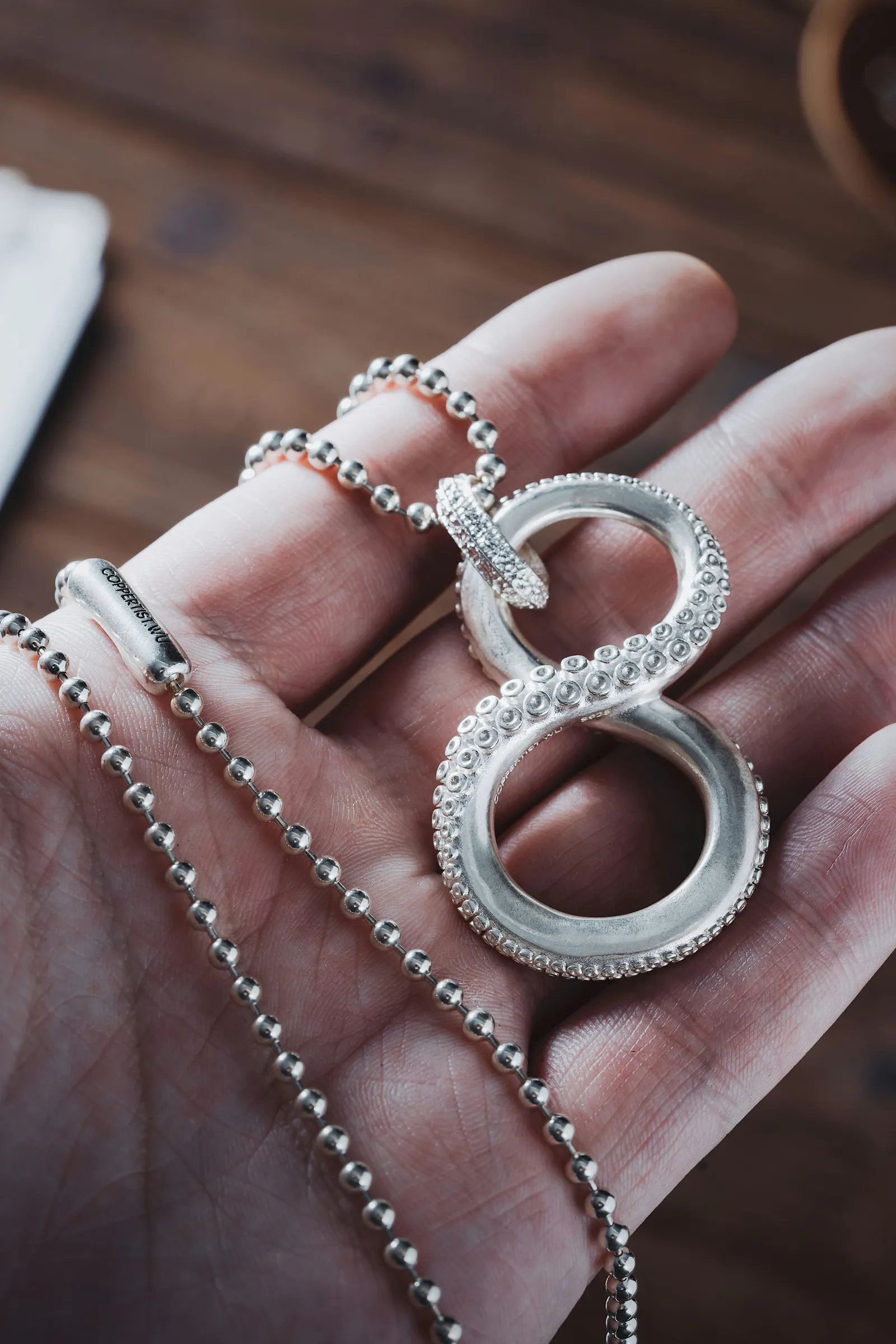 Soft focus hands holding a worn pet collar, looking down.