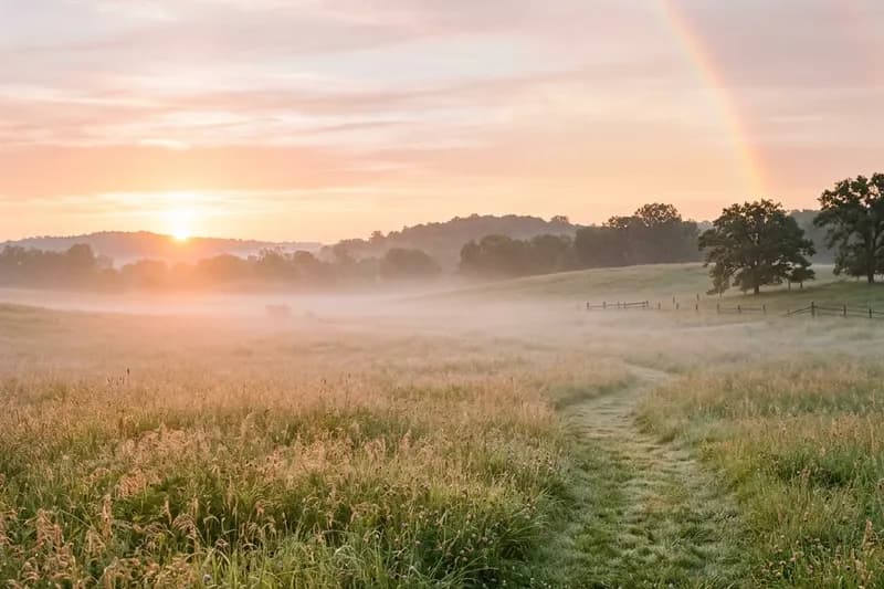Misty sunrise over a green meadow with soft rainbow light in the sky
