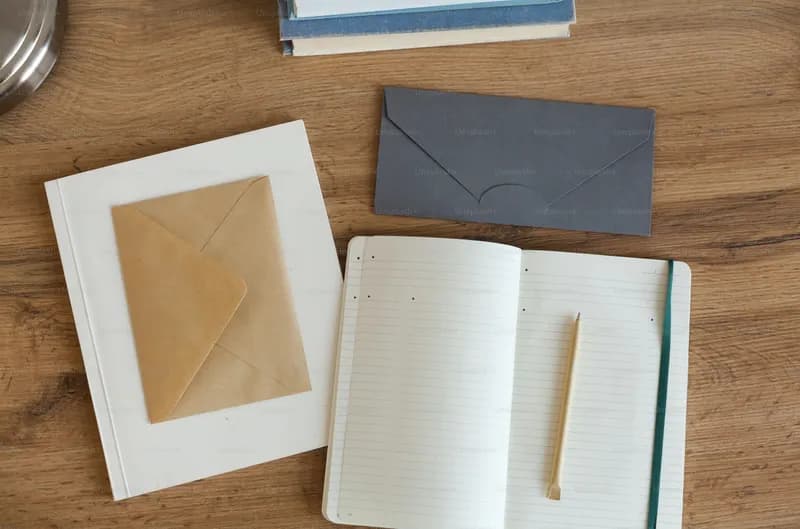 An open journal with a fountain pen and a faded photograph of a dog, a pen resting on its pages.