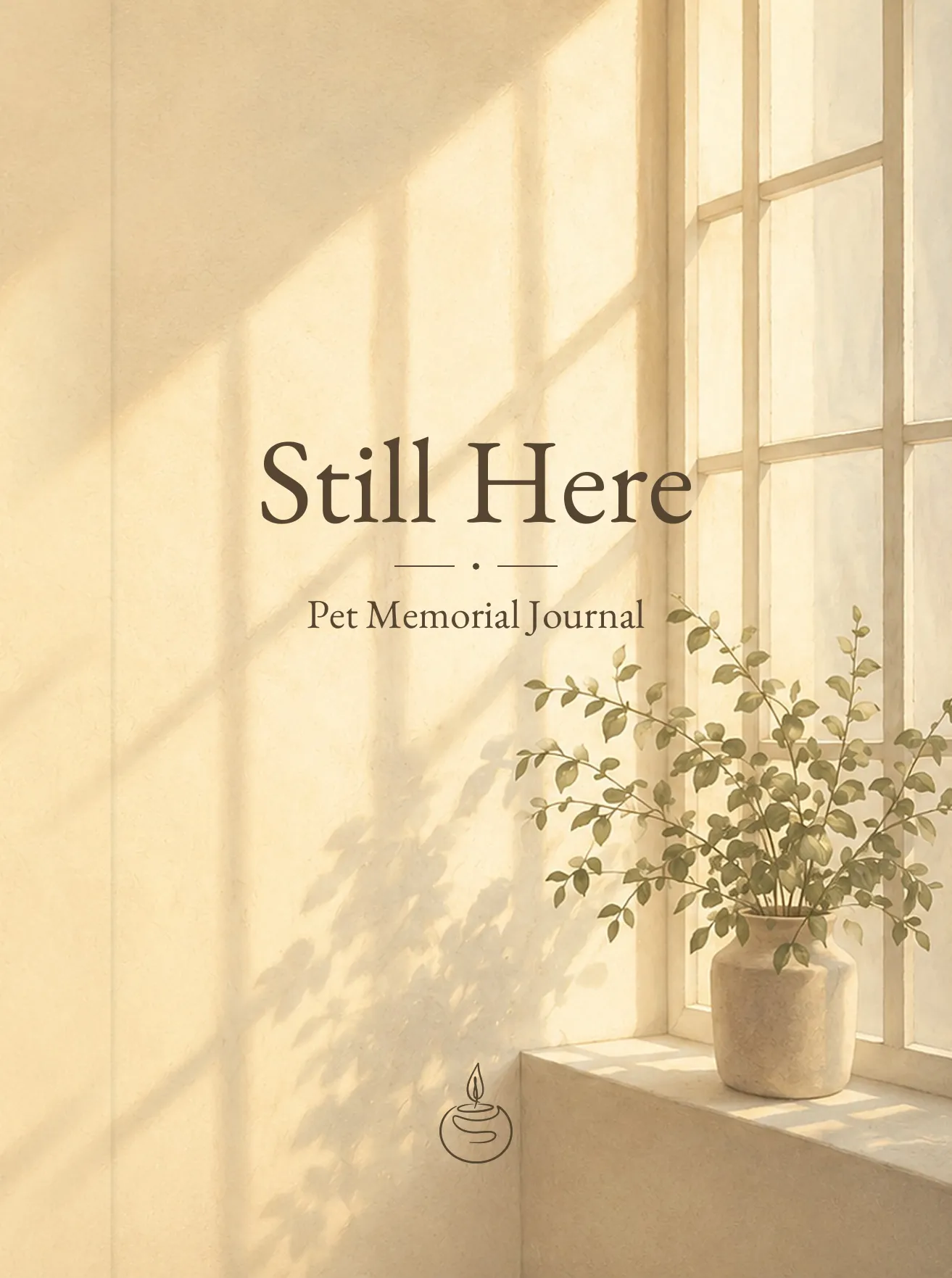 The Still Here pet memorial journal, a linen hardcover with a printed cover reading Pet Memorial Journal