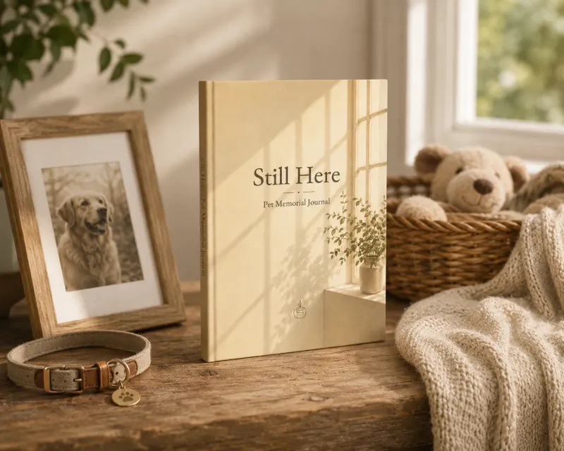 A Still Here pet memorial journal on a wooden table beside a framed photo of a golden retriever and a pet collar