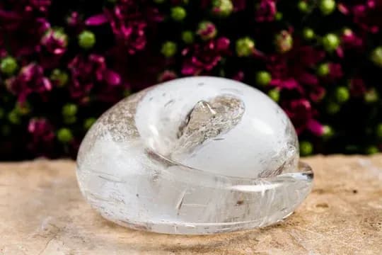 Clear glass keepsake with a heart sculpted inside, against a flowering background
