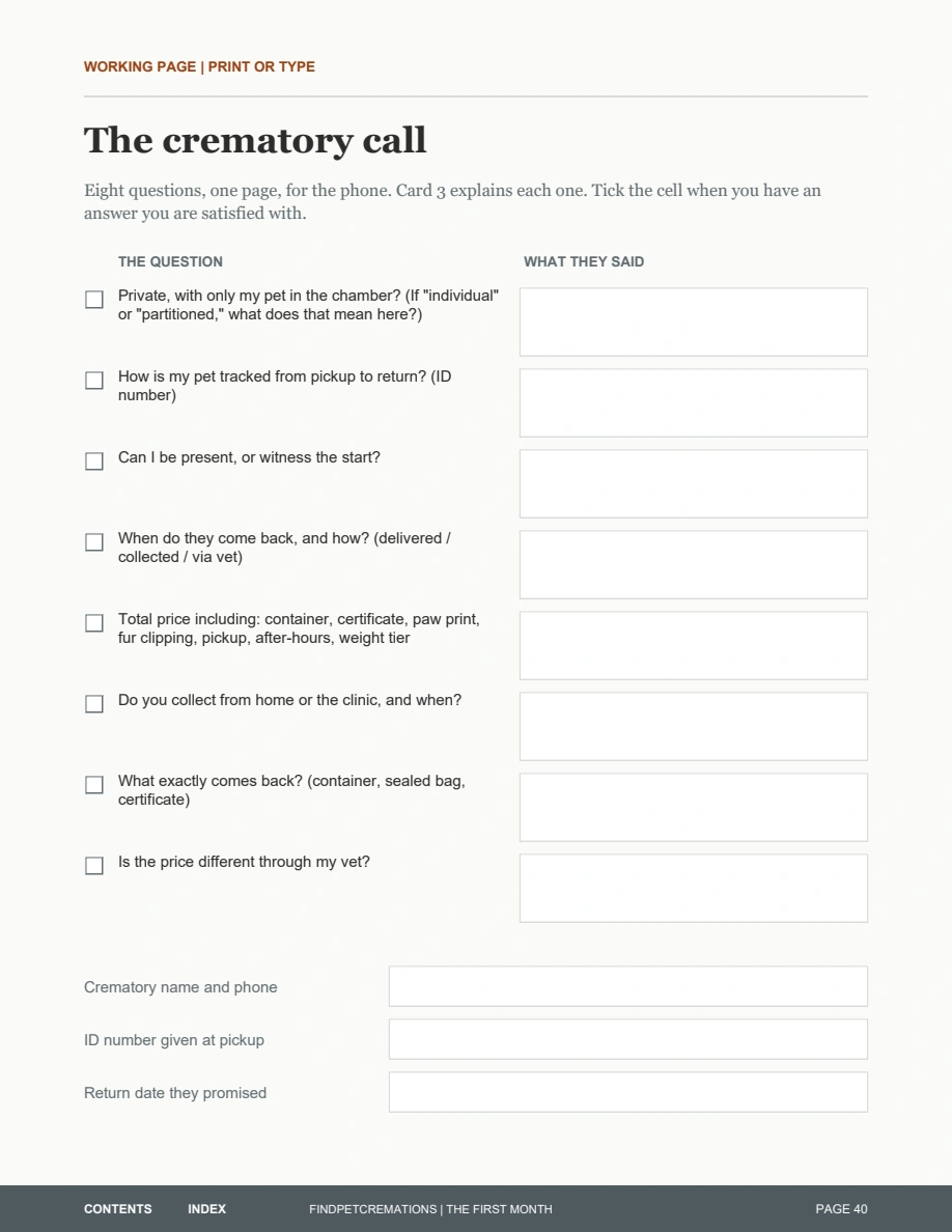 Full preview of The crematory call. Questions and space for answers. Select Read text for the accessible text version.