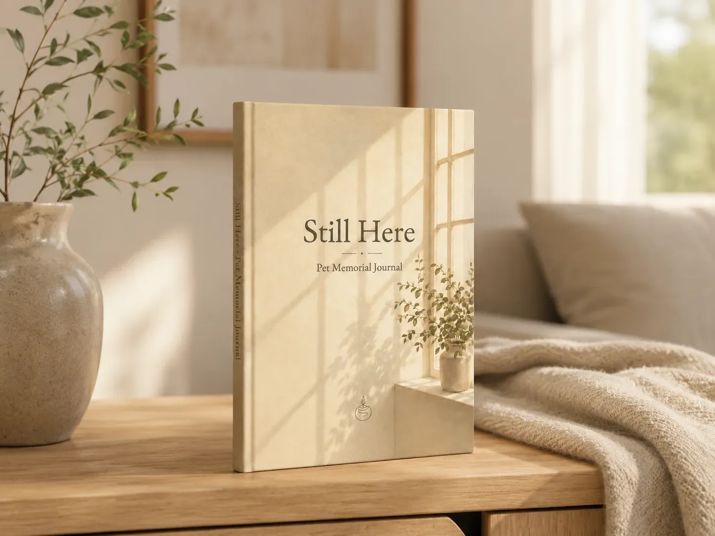 A Still Here pet memorial journal on a side table in warm light, a linen hardcover printed to keep